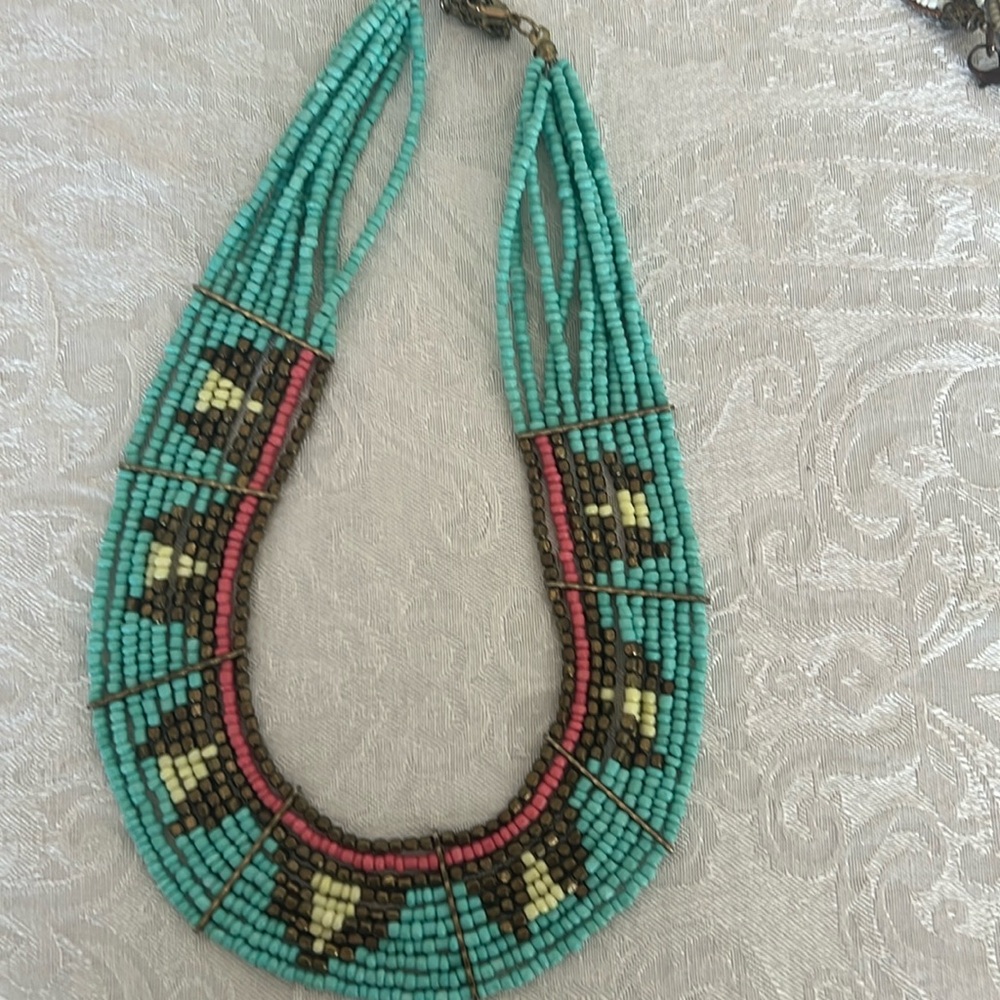 Turquoise and bronze beaded necklace